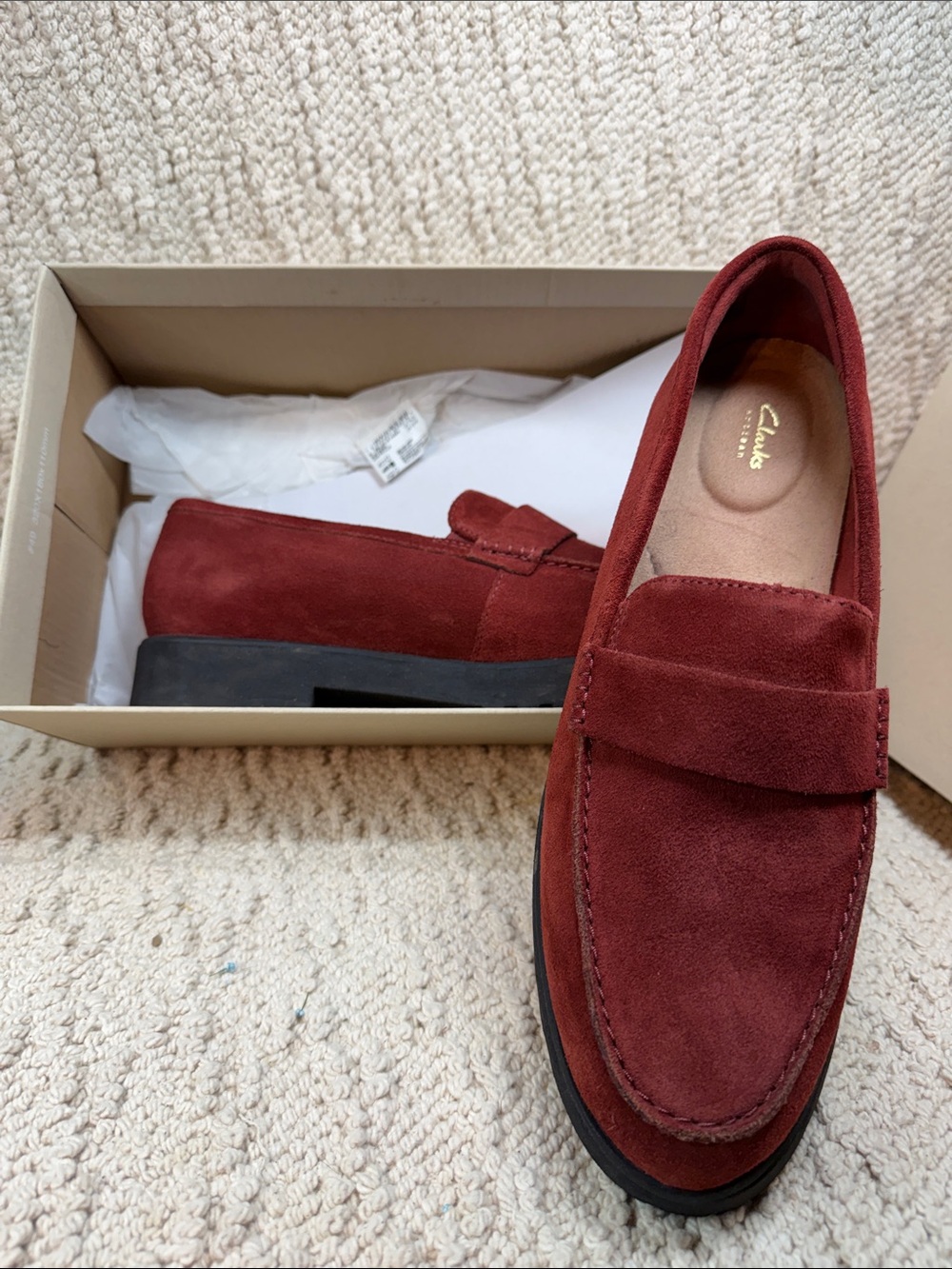 Clarks Women’s Burgundy Suede Slip-On Loafers in Box